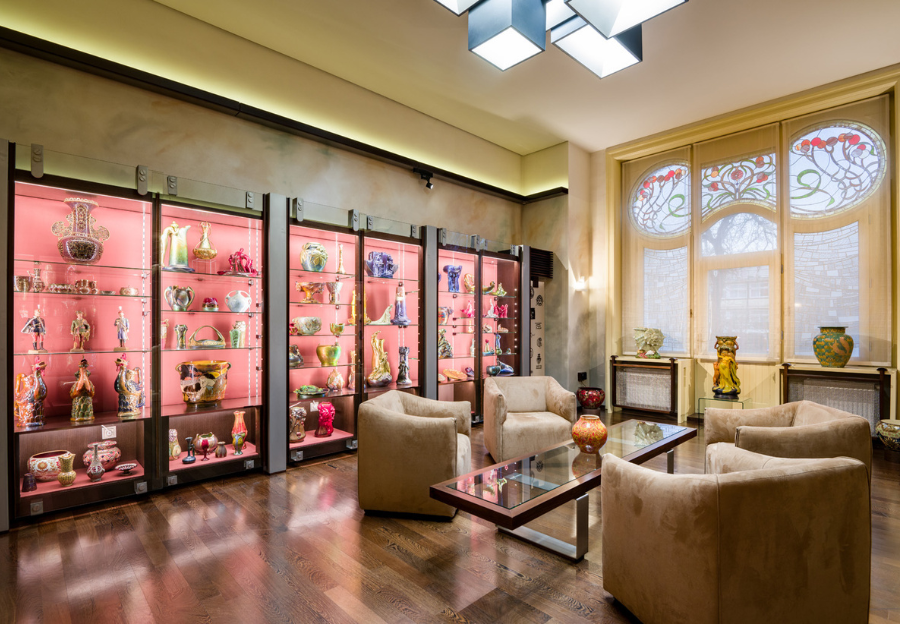 Eosin-glazed Zsolnay vase with elephant-head handles from the ResoArt Collection curated by businessman and art collector András Szabó