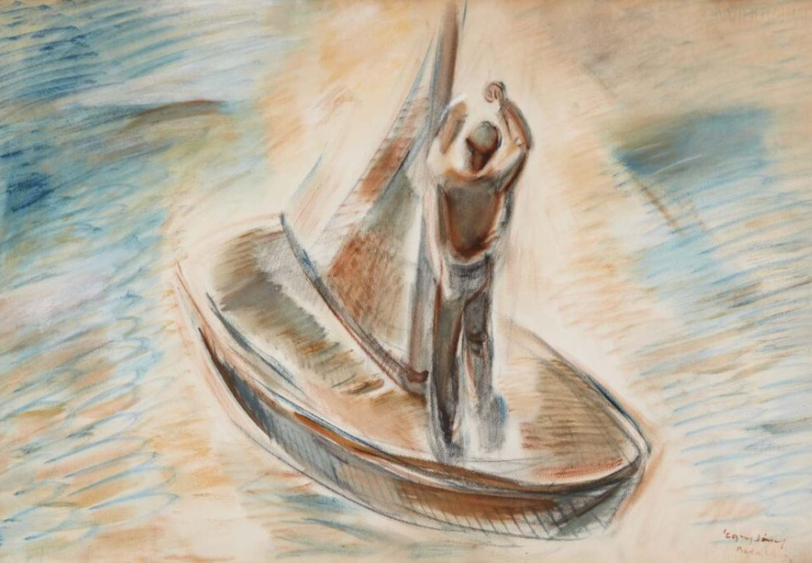 Egry József: Vitorlaigazító, olajpasztell, papír / József Egry: Sail Adjuster, oil pastel on paper