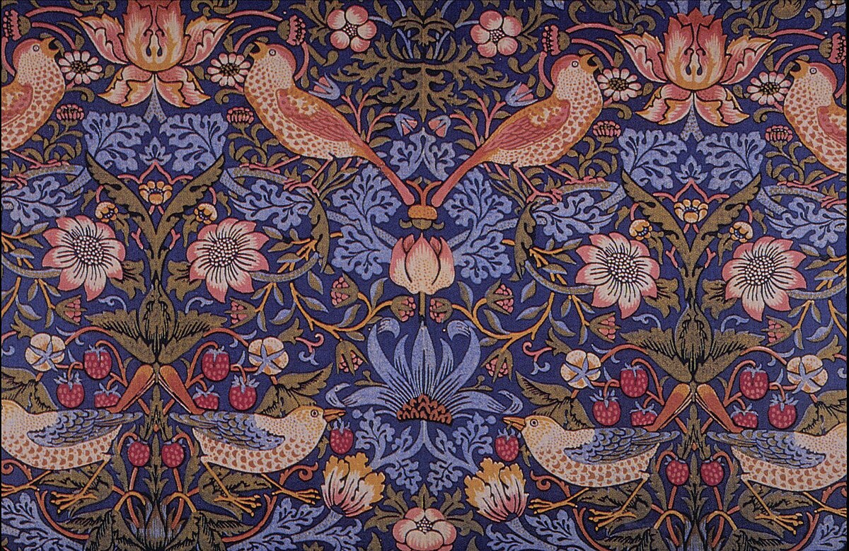 William Morris: „Strawberry Thief” textilminta William Morris híres „Strawberry Thief” mintája – mélyzöld, kék és vörös tónusú madaras textil az angol Arts and Crafts mozgalomból.