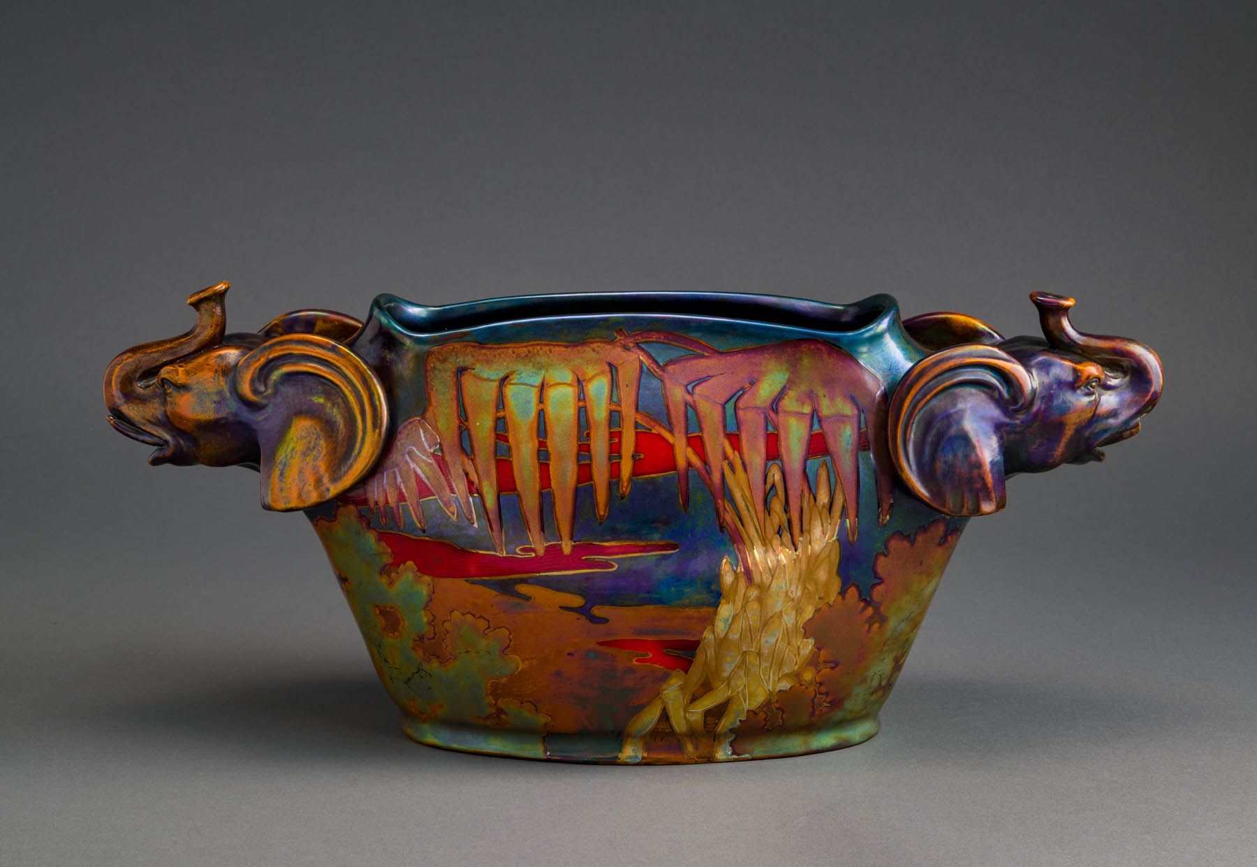 Eosin-glazed Zsolnay vase with elephant-head handles from the ResoArt Collection curated by businessman and art collector András Szabó